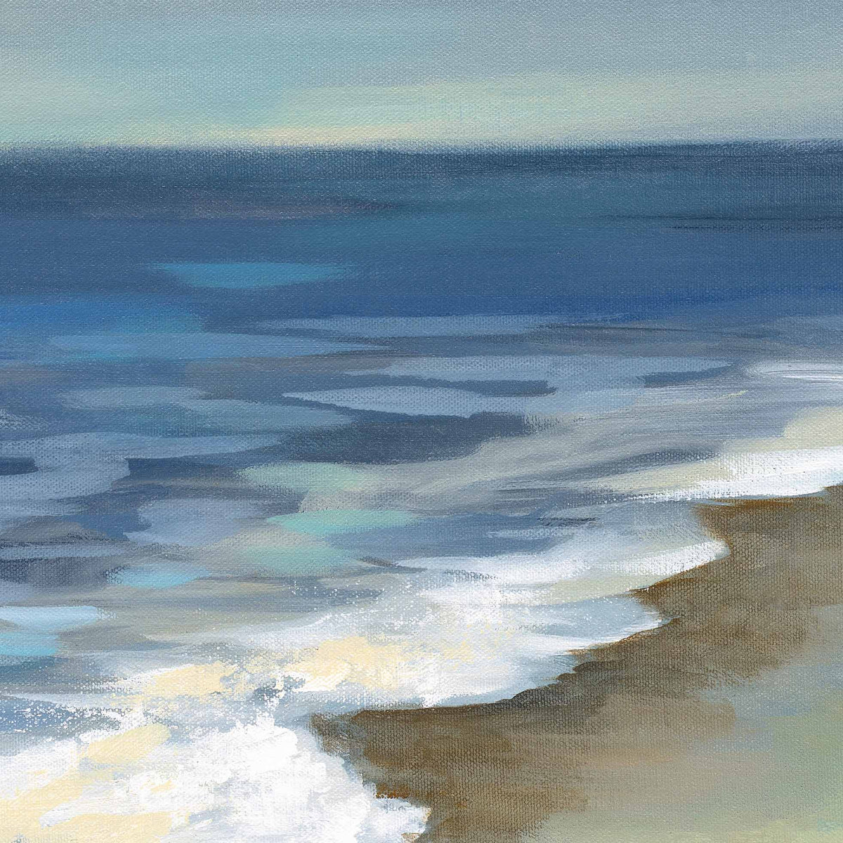 Close-up of a painting of a beach scene with waves and sand.