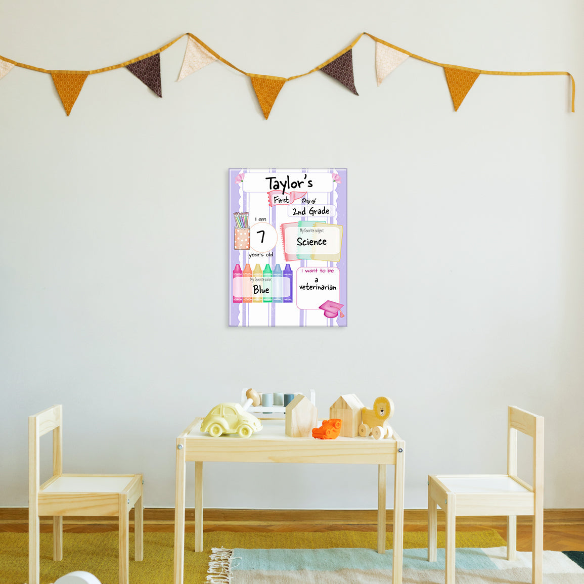 Children's room with a table, chairs, and a glass print of a filled-out purple milestone board mounted on the wall above it.