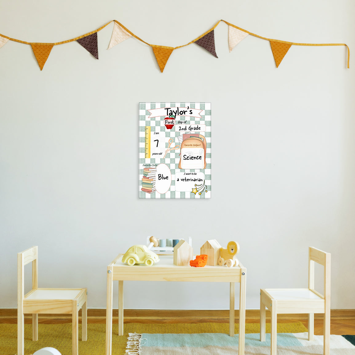 Children's room with a table, chairs, and a glass print of a filled-out milestone board mounted on the wall above it.