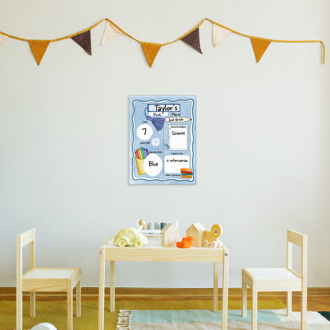 Children's room with a table, chairs, and a glass print of a filled-out blue milestone board mounted on the wall above it.
