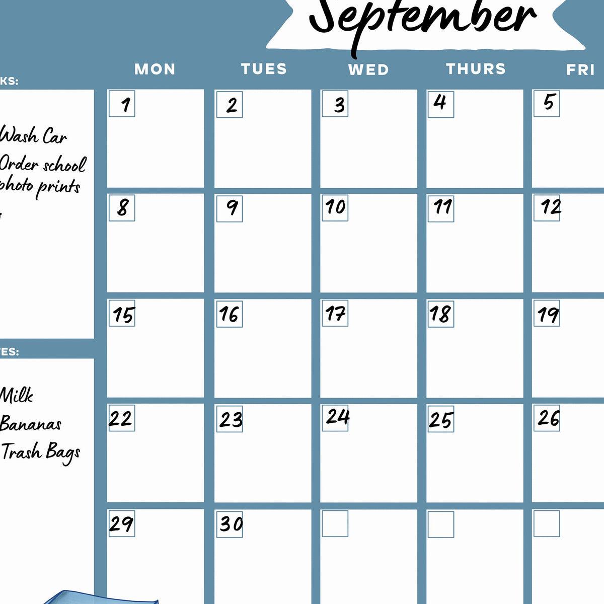 Close-up of a calendar with handwritten tasks on a blue background
