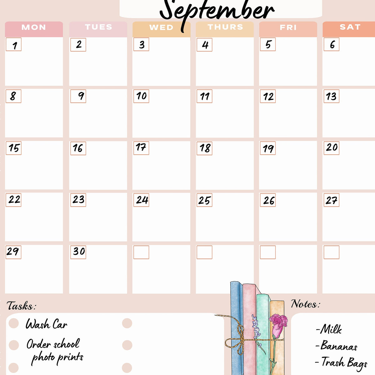 Close up on a glass print of a pink calendar template with handwritten tasks and notes