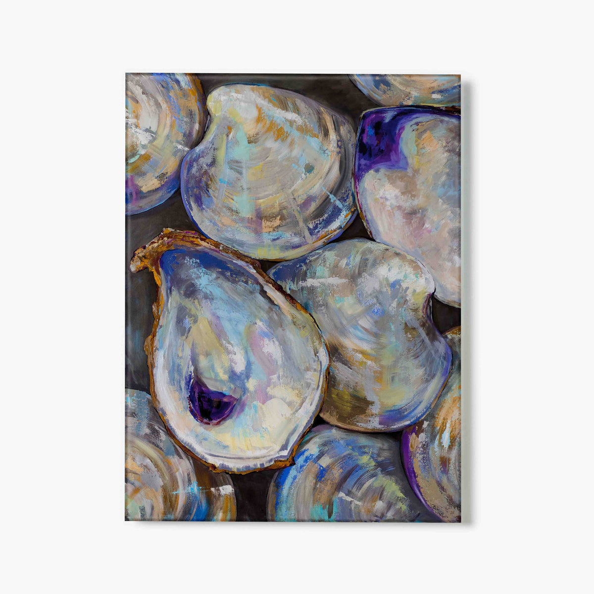 Glass print of a painting of oyster and clam shells with a colorful palette on a white background