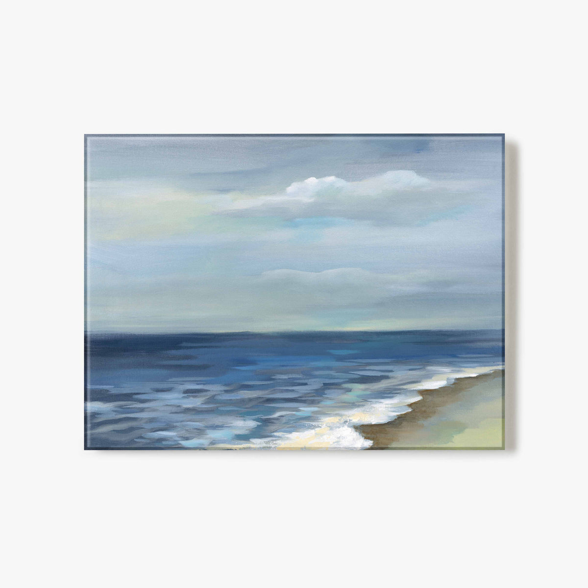 Glass print of artwork of a beach scene with ocean and sky.
