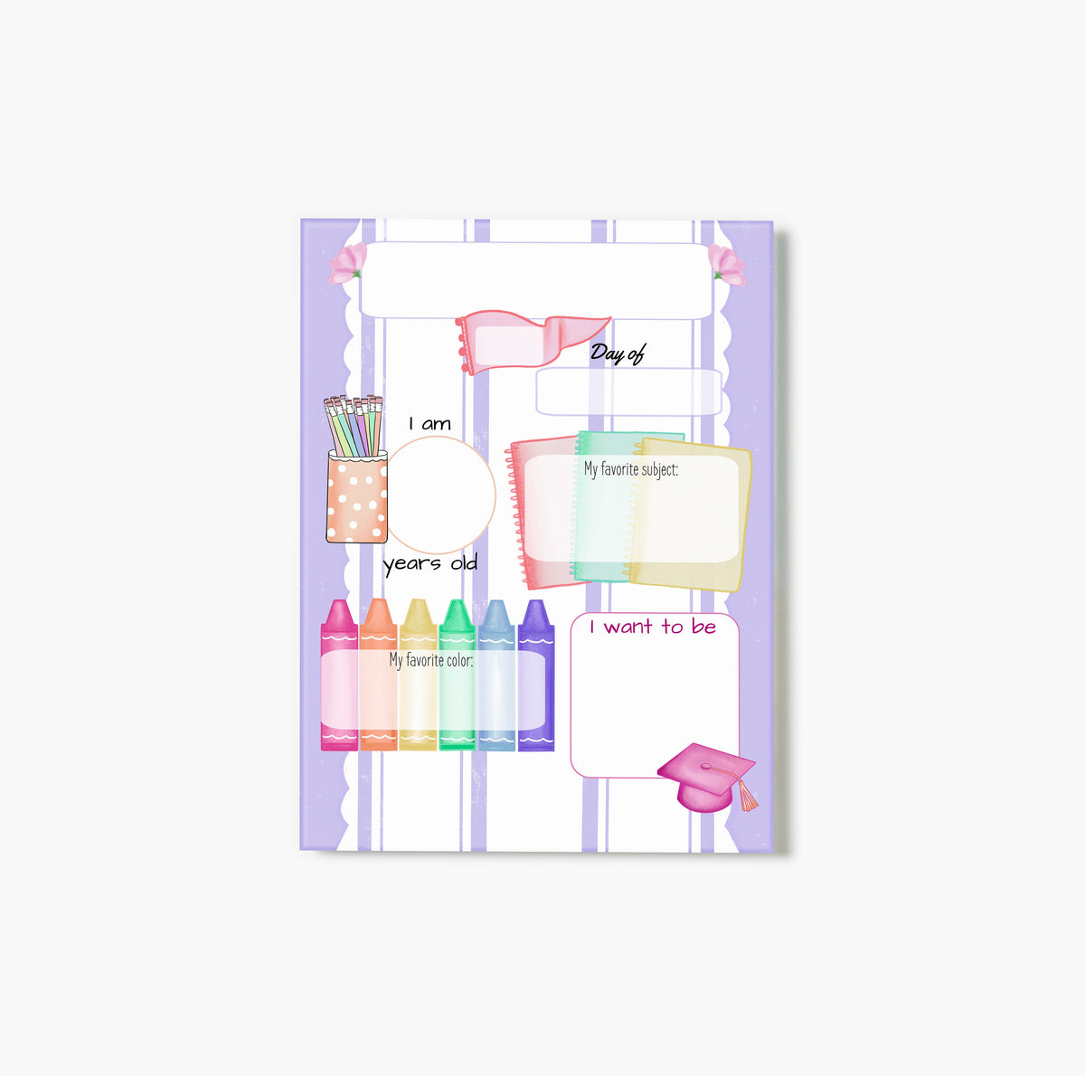 Glass print of a child's milestone board with colorful design and purple accents