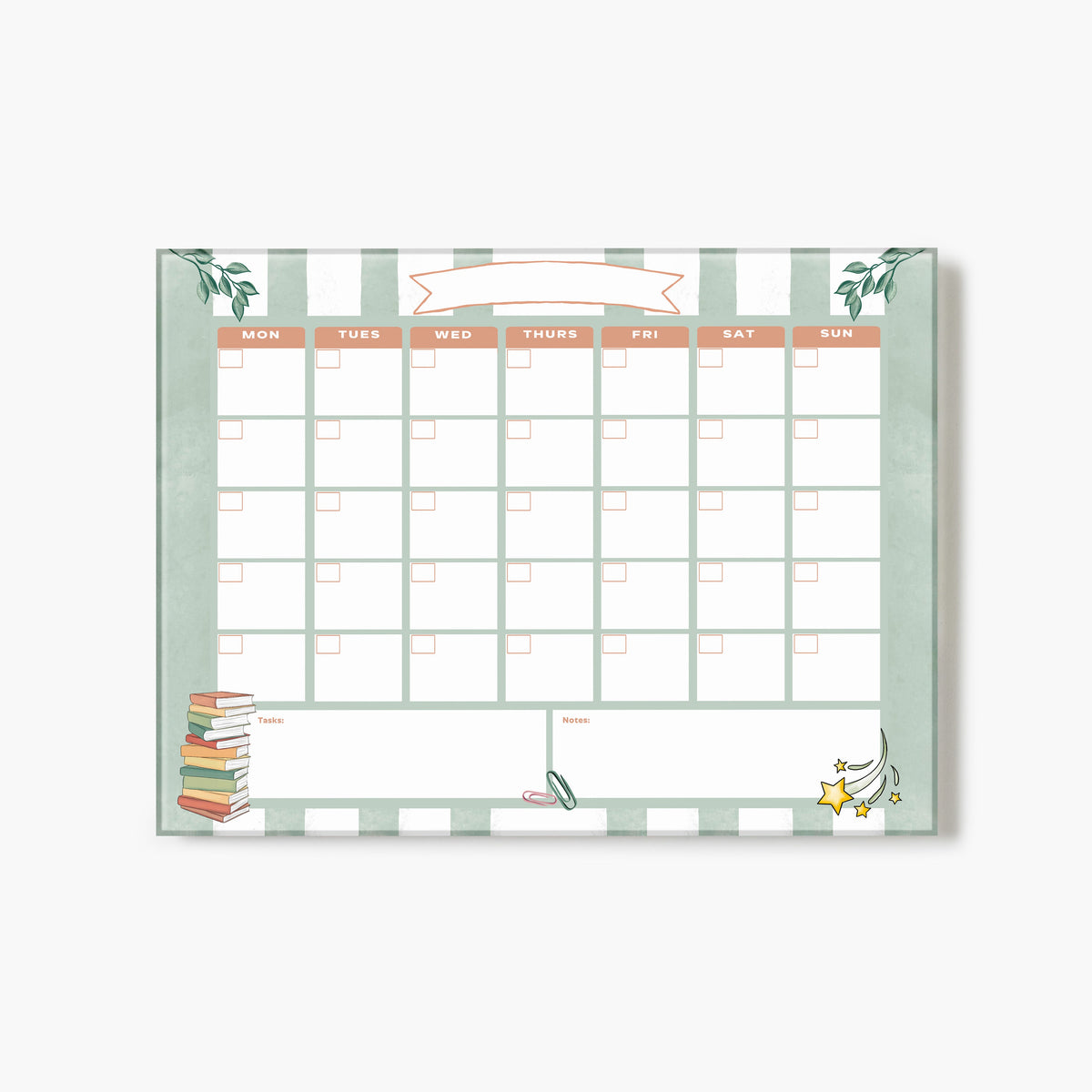Glass print of a monthly planner with green decorative elements on a white background