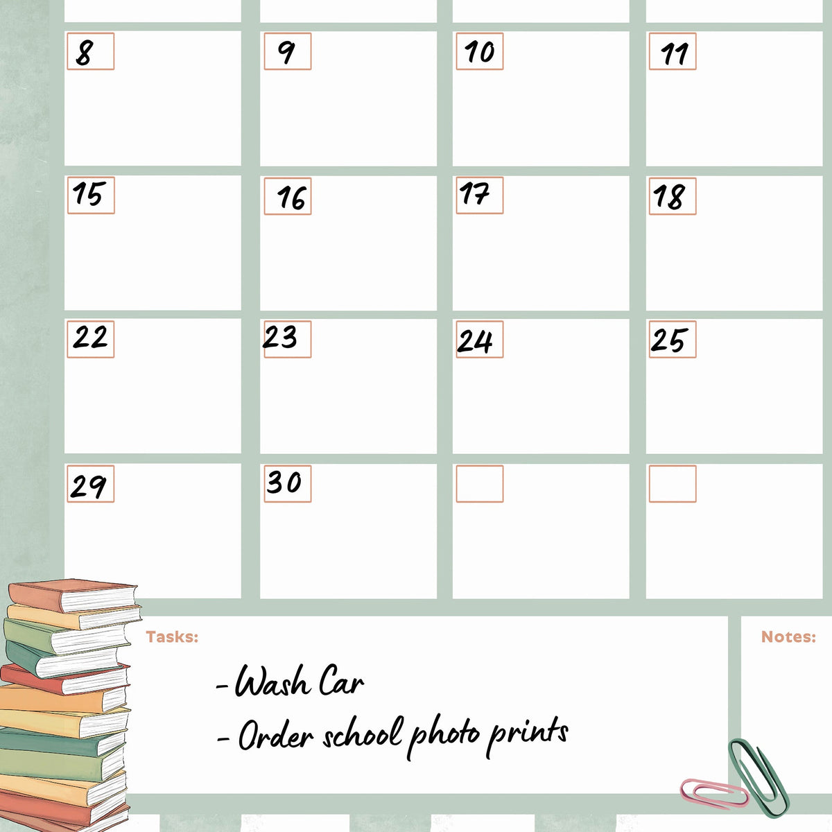 Close-up on green calendar template with an illustration of a stack of books and paper clips, and handwritten tasks